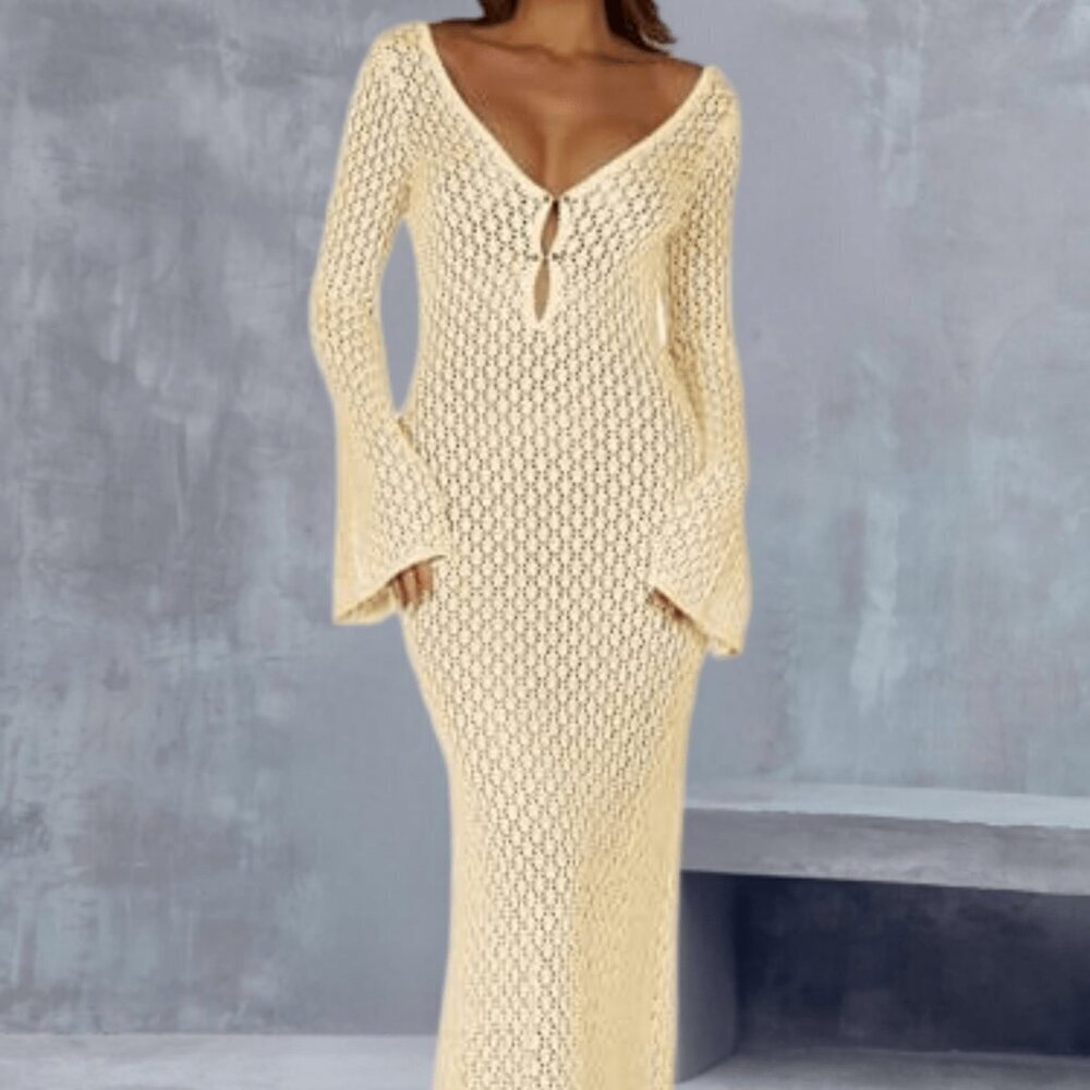 Beige Casual Women's Crochet Maxi Beach Swim Cover Up Dress